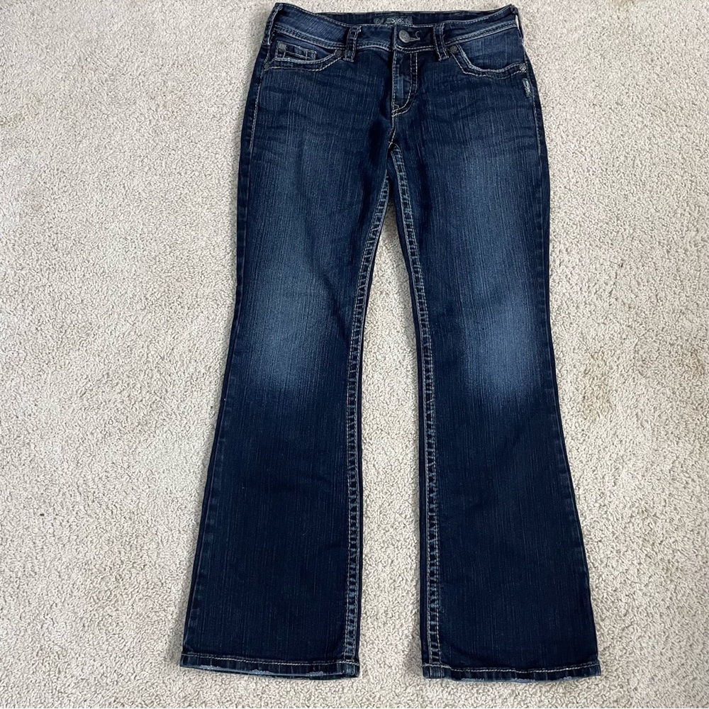 Women's SILVER Dark Wash SUKI SURPLUS Blue Denim BOOTCUT Low Rise STRETCH JEANS
